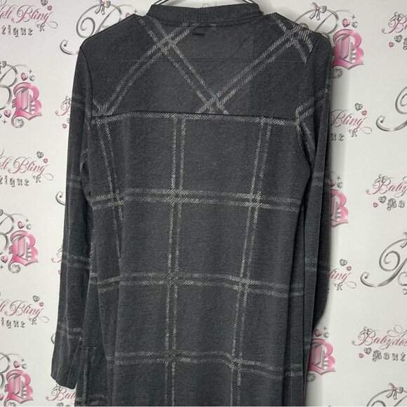 Sandwich_ cardigan grey open pockets long waterfall comfy Plaid Open Cardigan - Picture 4 of 8